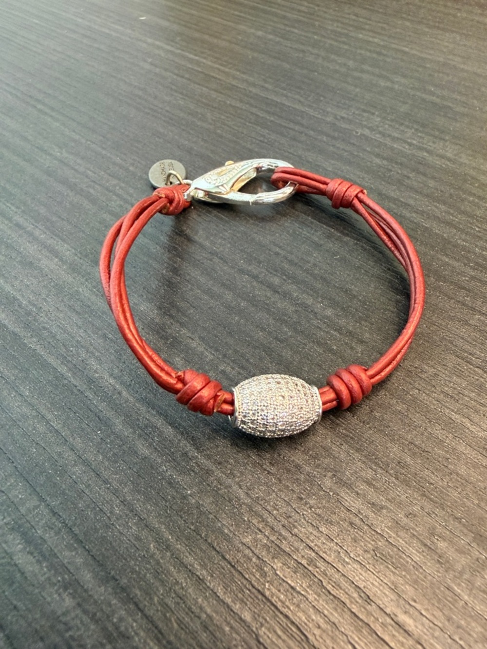 Lizzy James Bracelet with Silver Hook Closure Pave Style Bead Charm Pink Leather